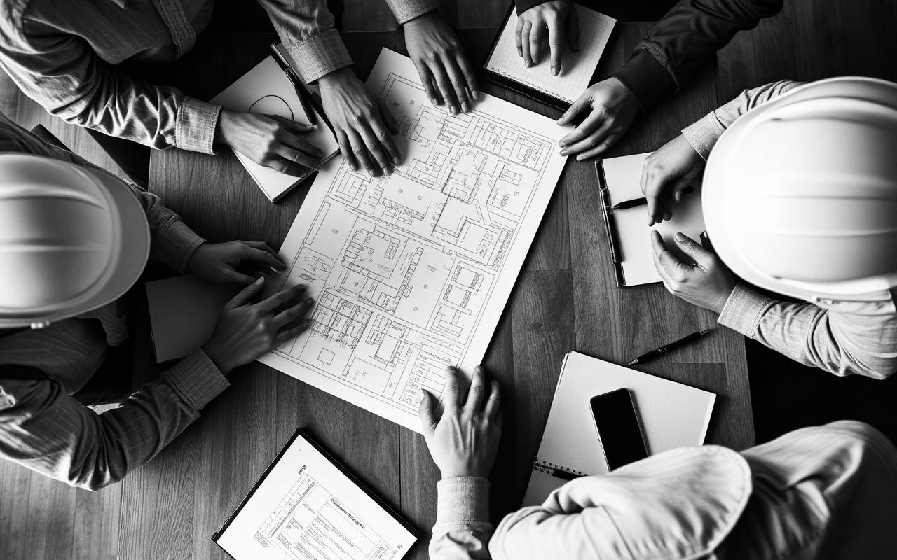 General contractors gathered around blueprints during a community meetup